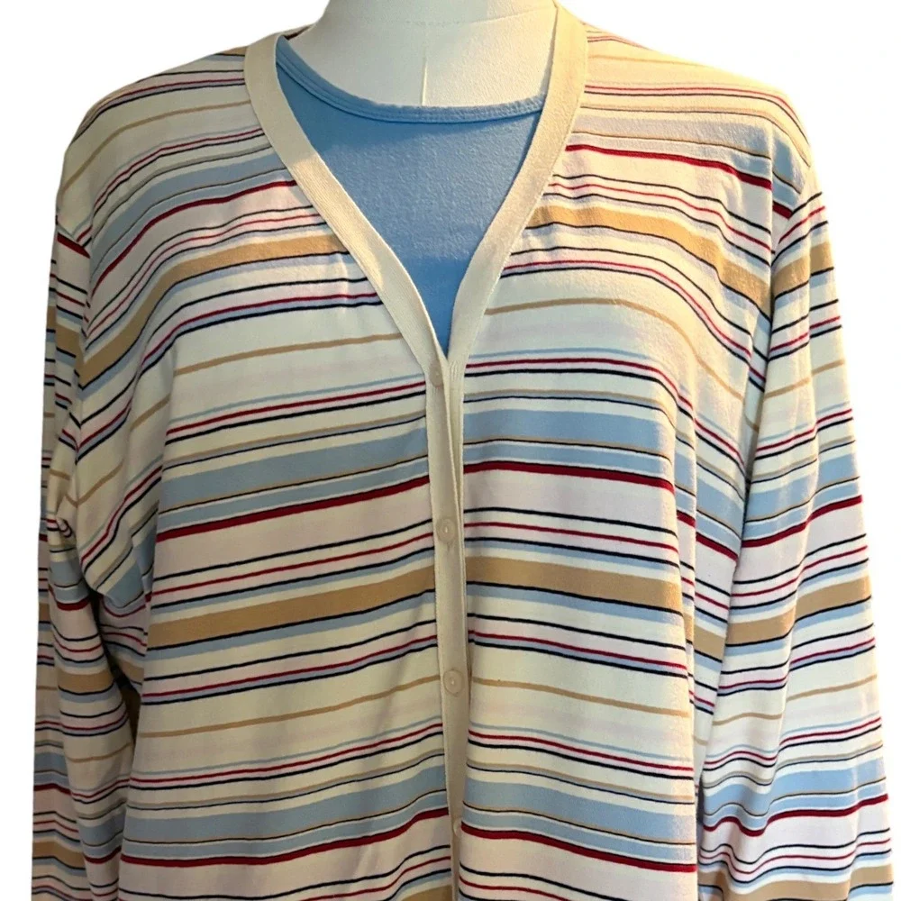 Vintage‎ Y2K Tommy Hilfiger Striped Cardigan Sweater Blue Cream Preppy Women's L